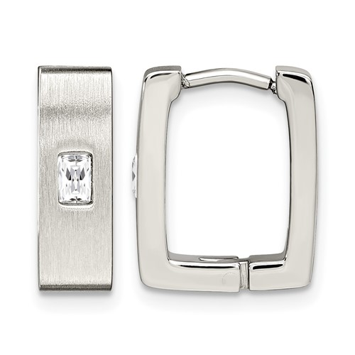 Chisel Stainless Steel Brushed and Polished Earrings with CZ 5mm Square Hinged