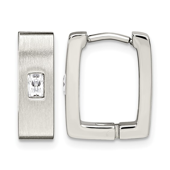 Chisel Stainless Steel Brushed and Polished with CZ 5mm Square Hinged Earrings