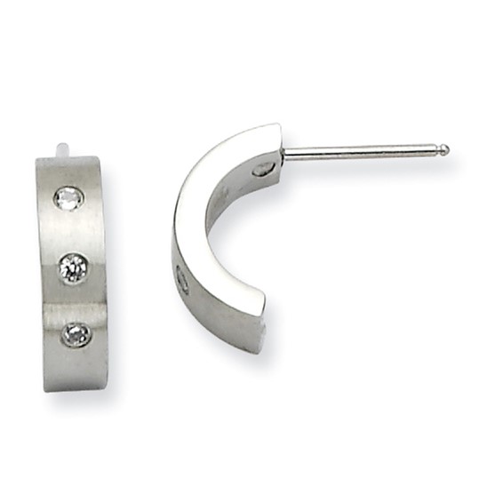 Stainless Steel CZ Brushed & Polished Half Hoop Post Earrings
