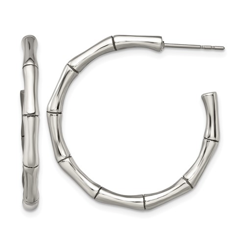 Chisel Stainless Steel Polished Bamboo Design J Hoop Post Earrings