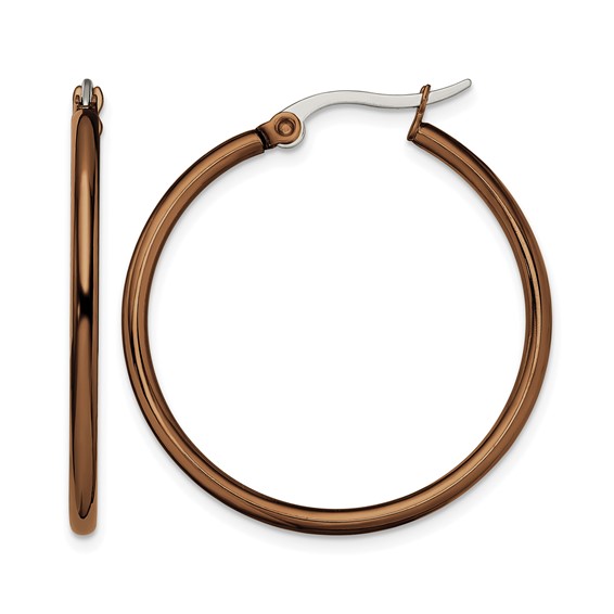 Chisel Stainless Steel Polished Brown IP-plated 32mm Diameter 2mm Hoop Earrings