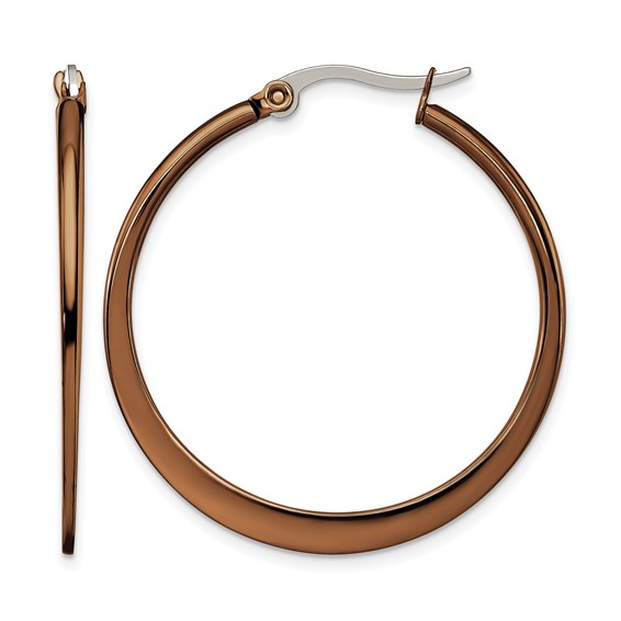 Chisel Stainless Steel Polished Brown IP-plated 34mm Diameter Tapered Hoop Earrings