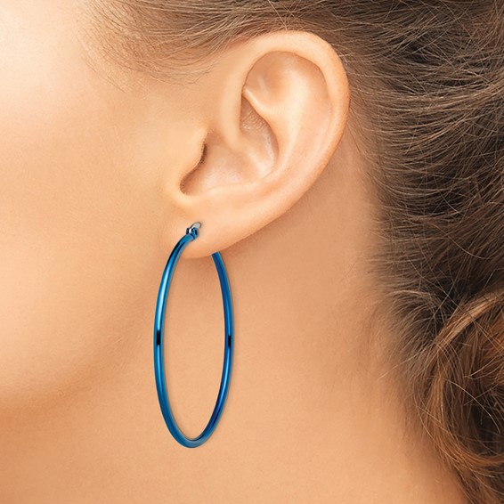 Chisel Stainless Steel Polished Blue IP-plated 49.5mm Diameter 2mm Hoop Earrings