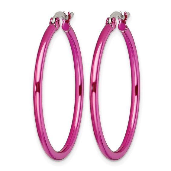 Chisel Stainless Steel Polished Pink IP-plated 32mm Diameter 2mm Hoop Earrings