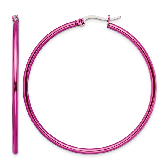 Chisel Stainless Steel Polished Pink IP-plated 48mm Diameter 2mm Hoop Earrings