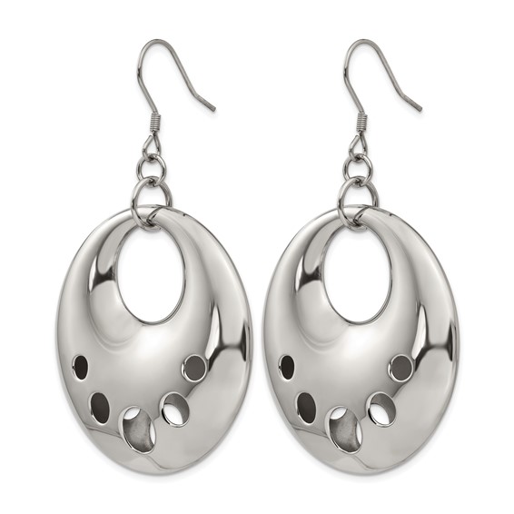 Stainless Steel Polished Circle Cut Out Dangle Shepherd Hook Earrings