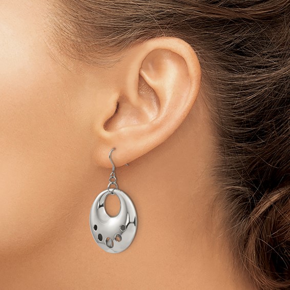 Stainless Steel Polished Circle Cut Out Dangle Shepherd Hook Earrings