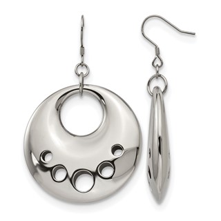 Stainless Steel Polished Circle Cut Out Dangle Shepherd Hook Earrings