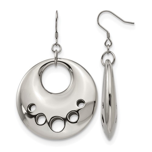 Stainless Steel Polished Circle Cut Out Dangle Shepherd Hook Earrings