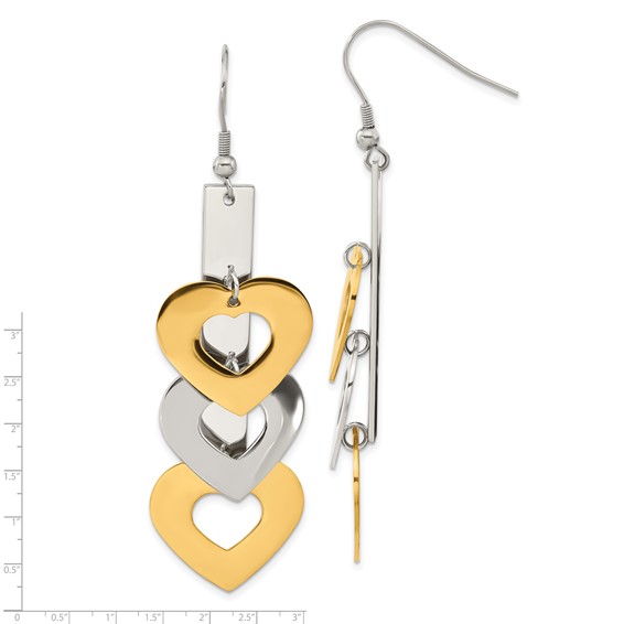 Stainless Steel Yellow IP-plated & Polished Hearts Dangle Earrings