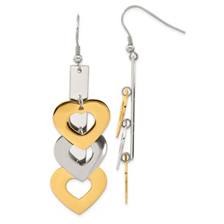 Stainless Steel Yellow IP-plated & Polished Hearts Dangle Earrings