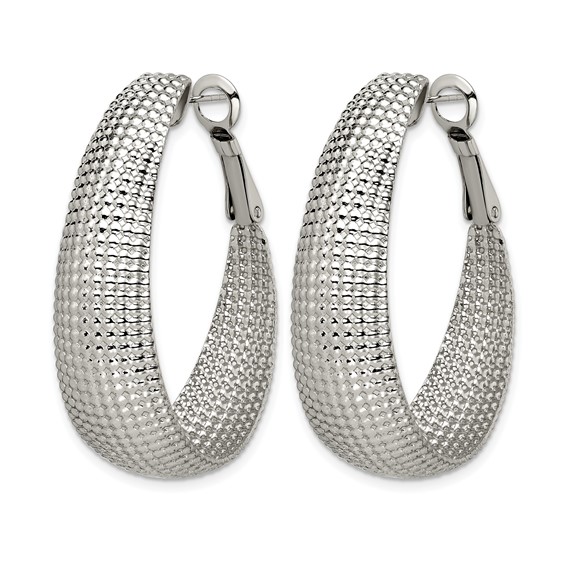Chisel Stainless Steel Polished and Textured Oval Omega Back Hoop Earrings