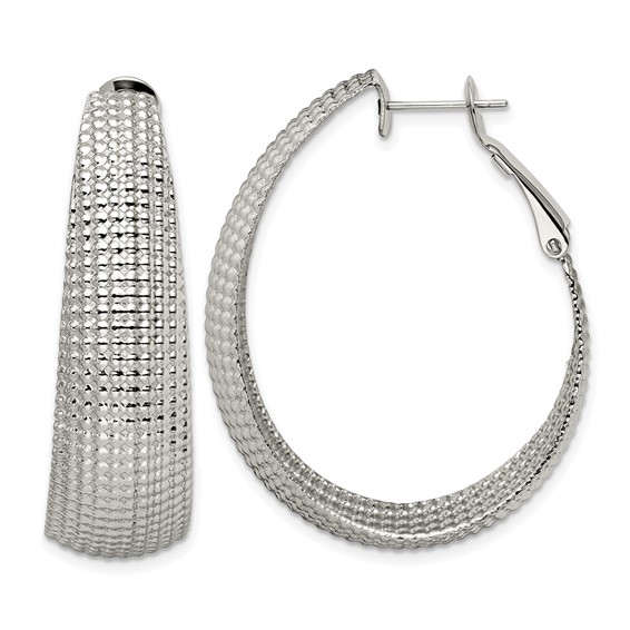 Chisel Stainless Steel Polished and Textured Oval Omega Back Hoop Earrings