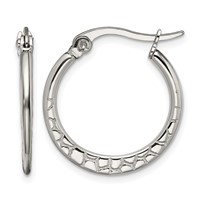 Chisel Stainless Steel Polished and Textured 20mm Diameter Hoop Earrings view 1