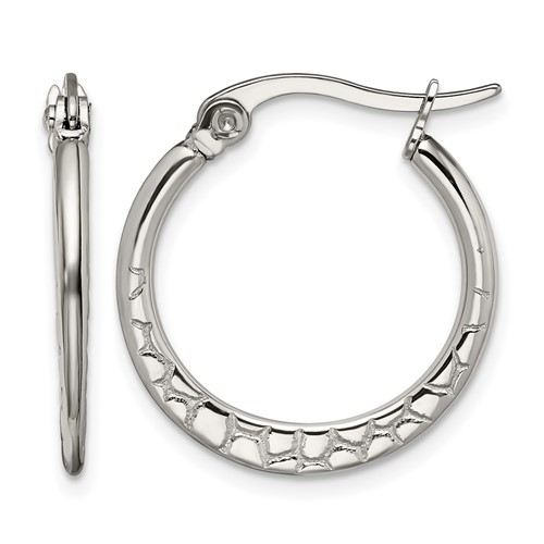 Chisel Stainless Steel Polished and Textured 20mm Diameter Hoop Earrings