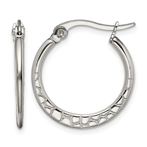 Chisel Stainless Steel Polished and Textured 20mm Diameter Hoop Earrings