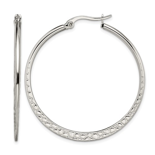Chisel Stainless Steel Polished and Textured 40mm Diameter Hoop Earrings