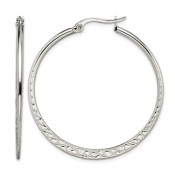 Chisel Stainless Steel Polished and Textured 40mm Diameter Hoop Earrings