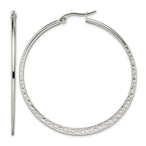 Chisel Stainless Steel Polished and Textured 50mm Diameter Hoop Earrings