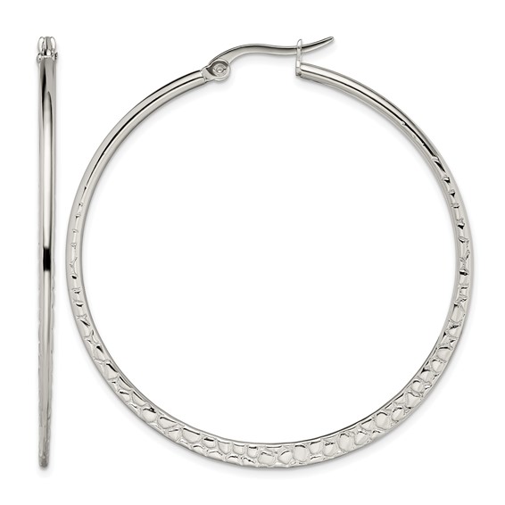 Chisel Stainless Steel Polished and Textured 50mm Diameter Hoop Earrings