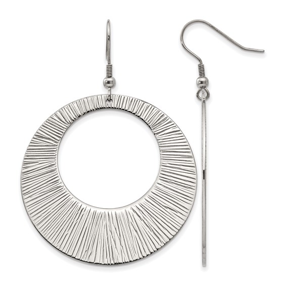 Chisel Stainless Steel Polished and Textured Circle Dangle Shepherd Hook Earrings