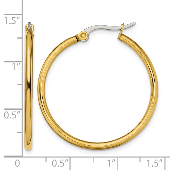Chisel Stainless Steel Polished Yellow IP-plated 32mm Diameter 2mm Hoop Earrings