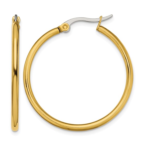 Chisel Stainless Steel Polished Yellow IP-plated 32mm Diameter 2mm Hoop Earrings
