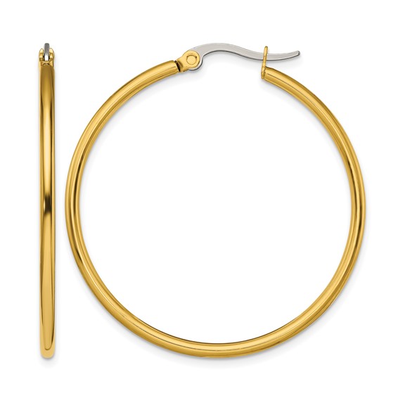 Chisel Stainless Steel Polished Yellow IP-plated 40mm Diameter 2mm Hoop Earrings