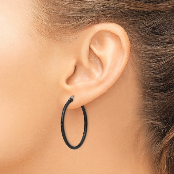 Chisel Stainless Steel Polished Black IP-plated 32mm Diameter 2mm Hoop Earrings