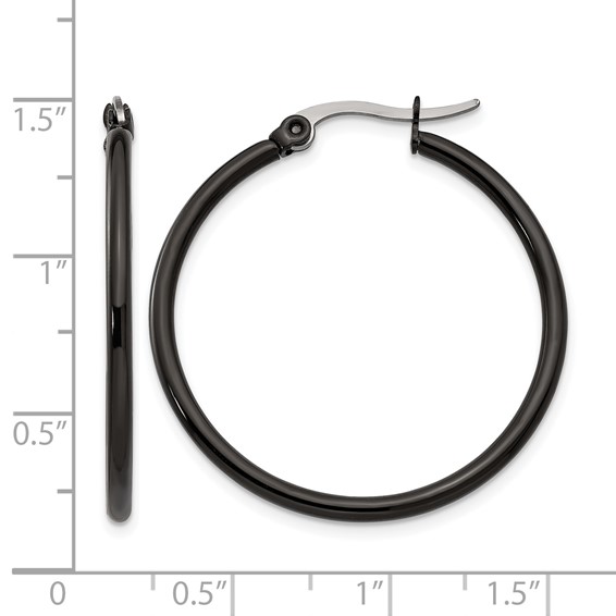 Chisel Stainless Steel Polished Black IP-plated 32mm Diameter 2mm Hoop Earrings