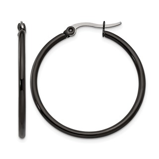 Chisel Stainless Steel Polished Black IP-plated 32mm Diameter 2mm Hoop Earrings