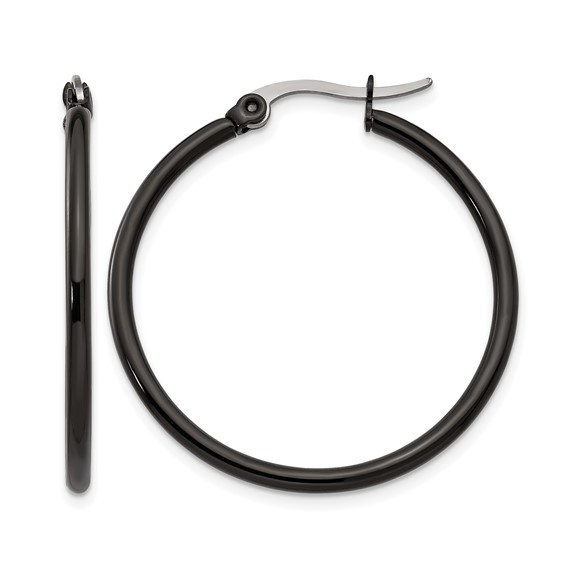 Chisel Stainless Steel Polished Black IP-plated 32mm Diameter 2mm Hoop Earrings