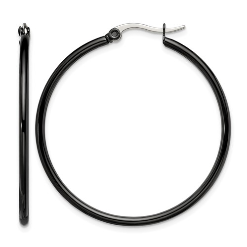 Chisel Stainless Steel Polished Black IP-plated 40mm Diameter 2mm Hoop Earrings