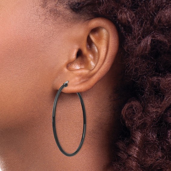 Chisel Stainless Steel Polished Black IP-plated 48mm Diameter 2mm Hoop Earrings