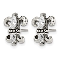 Stainless Steel Antiqued Polished & Textured Earring with CZ Fleur De Lis Post view 3