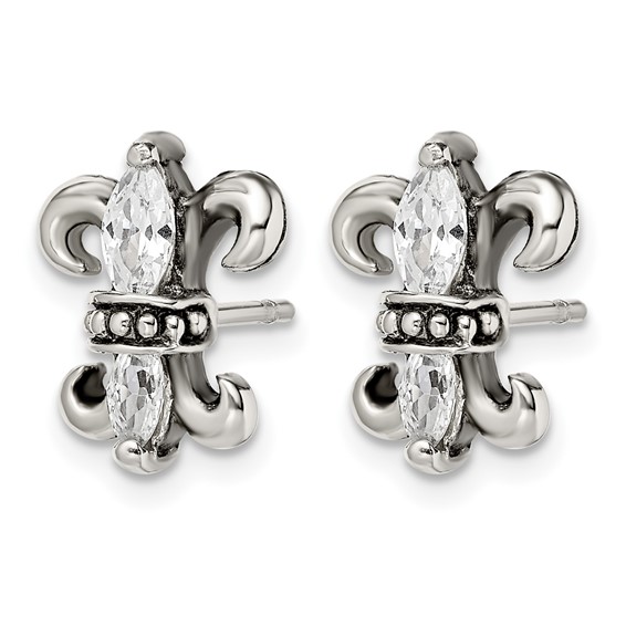Stainless Steel Antiqued Polished & Textured w/CZ Fleur de lis Post Earring