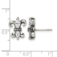 Stainless Steel Antiqued Polished & Textured Earring with CZ Fleur De Lis Post view 5