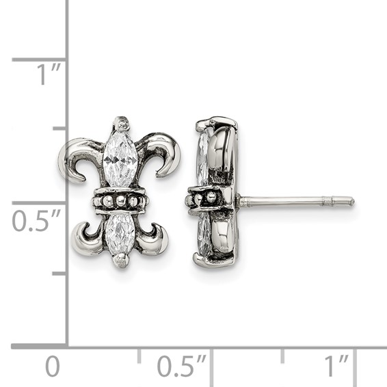 Stainless Steel Antiqued Polished & Textured w/CZ Fleur de lis Post Earring