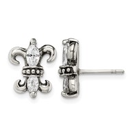 Stainless Steel Antiqued Polished & Textured Earring with CZ Fleur De Lis Post view 1