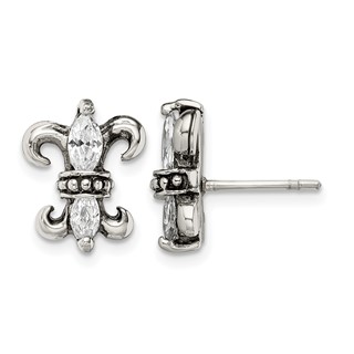 Stainless Steel Antiqued Polished & Textured w/CZ Fleur de lis Post Earring