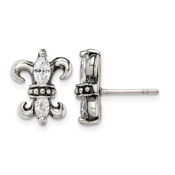 Stainless Steel Antiqued Polished & Textured w/CZ Fleur de lis Post Earring