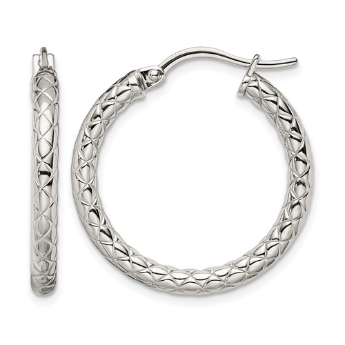 Chisel Stainless Steel Polished and Textured Hollow Hoop Earrings