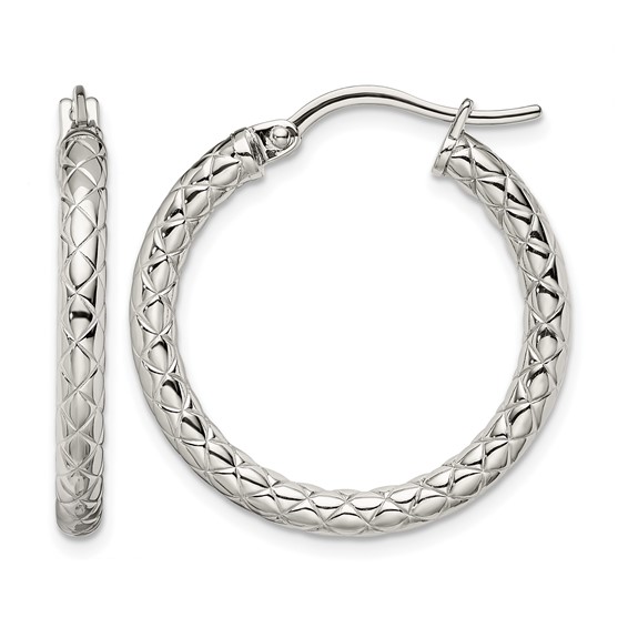 Chisel Stainless Steel Polished and Textured Hollow Hoop Earrings