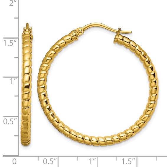 Chisel Stainless Steel Polished and Textured Yellow IP-plated Hollow Hoop Earrings