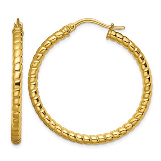 Chisel Stainless Steel Polished and Textured Yellow IP-plated Hollow Hoop Earrings