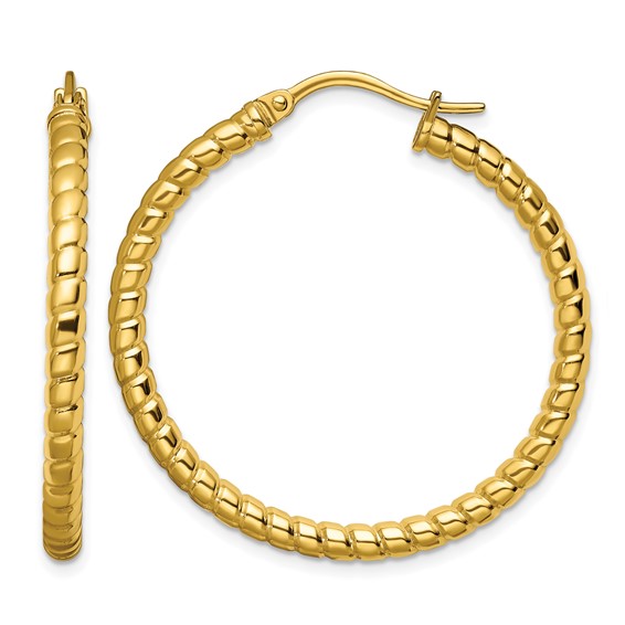 Chisel Stainless Steel Polished and Textured Yellow IP-plated Hollow Hoop Earrings