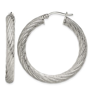 Chisel Stainless Steel Polished and Textured Hollow Hoop Earrings