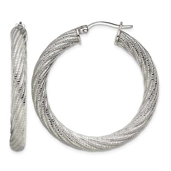 Chisel Stainless Steel Polished and Textured Hollow Hoop Earrings