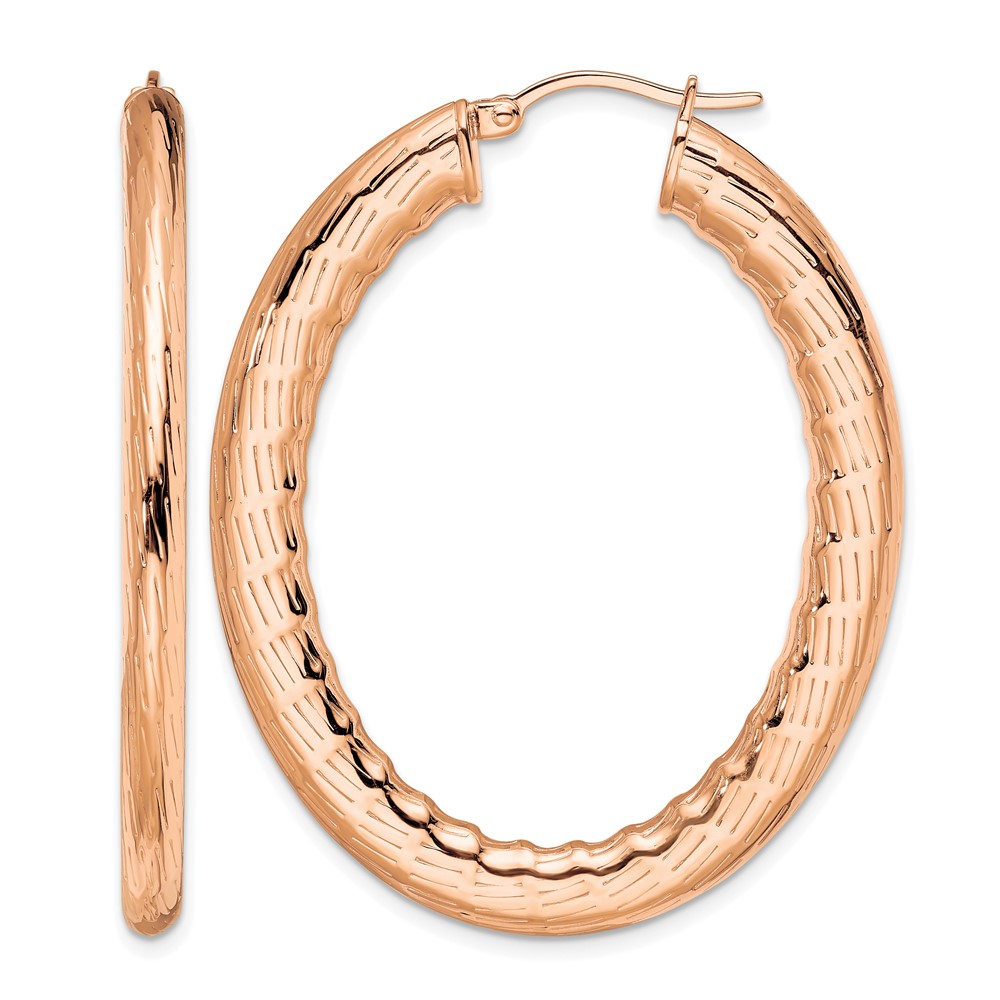 Chisel Stainless Steel Polished and Textured Rose IP-plated Hollow Oval Hoop Earrings
