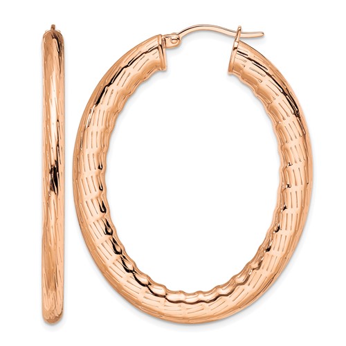 Chisel Stainless Steel Polished and Textured Rose IP-plated Hollow Oval Hoop Earrings